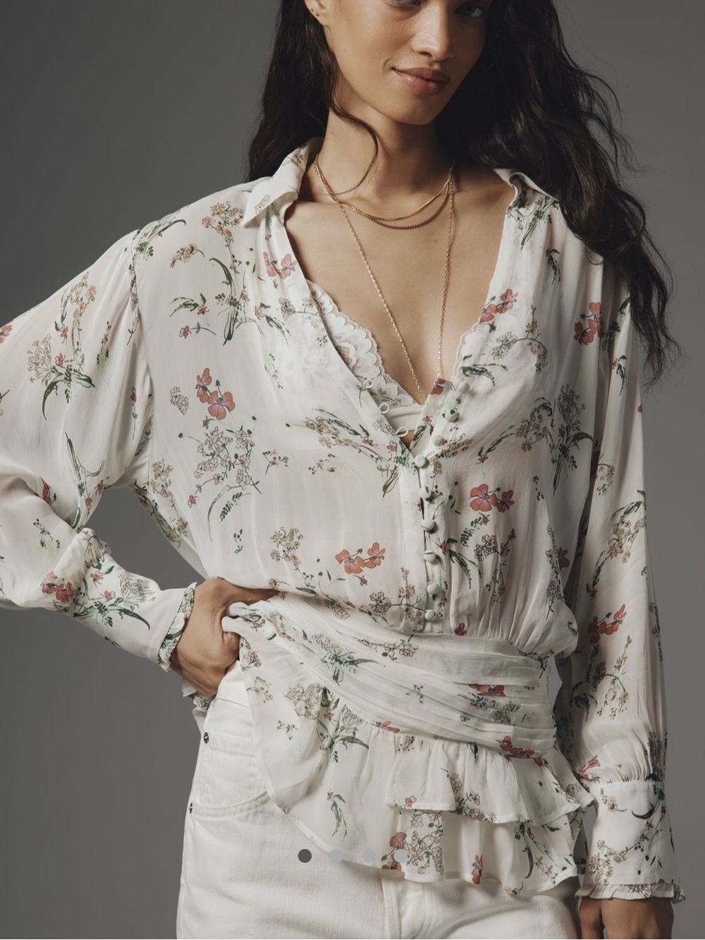 Anthropologie Drop- Waist Blouse in Ivory Floral, Size XXS